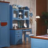 地中海书桌 书架书柜组合实木电脑桌美式蓝色儿童书桌