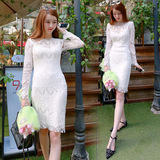 2016春季新款韩版女装 性感镂空假两件蕾丝打底长袖连衣裙E159