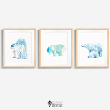 简约可爱动物装饰画 儿童房壁画北极熊有框组合清新挂画三联墙画