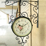 时钟韩版欧式钟表客厅静音石英田园白色现代简约铁艺双面挂钟包邮