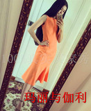 韩国2016新款橘色鱼尾无袖中长款包臀连衣裙礼服心霓儿同款长裙