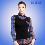 厂家直销 俞兆林 女士彩格子加厚加绒 针织假两件保暖衬衫 女式
