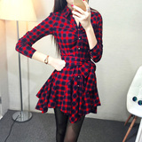 春秋新款女装2016韩版修身显瘦红色格子连衣裙长袖收腰衬衫裙打底