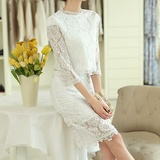 韩版春季新款水溶蕾丝小香风长袖上衣蕾丝性感短裙套裙两件套套装