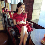 代购2016韩版时尚圆领高腰修身显瘦红心条纹A字气质型针织连衣裙