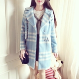 韩版西装领格子纹中长款羊毛呢子学院风文艺蓝色大衣外套女冬装新