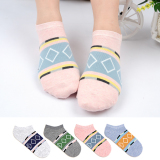 袜子女 韩国进口船袜夏季新款时尚棱形船袜 纯棉袜常规运动短袜