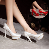 夏季新款女鞋白色婚纱新娘婚鞋超高跟细跟防水台绸缎红色小码单鞋