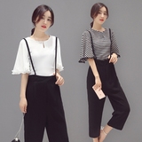 2016夏季韩版新款九分阔腿背带连体裤喇叭袖雪纺衫条纹两件套装女