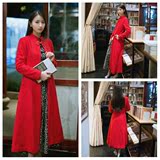 2015秋装新款中国风复古女装红色长袖长款大衣高档修身羊毛呢外套