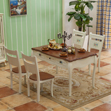 美式餐桌一桌四椅地中海饭桌田园做旧米黄色彩绘方桌实木住宅家具
