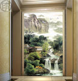 中式国画山水风景玄关壁画客厅走廊过道背景墙纸竖版无缝背胶壁纸