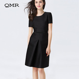 QMR2016春夏新款女装收腰显瘦立体A廓形短袖短裙A字裙黑色连衣裙