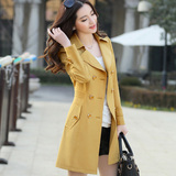 2016韩版春秋女式薄风衣春款中长款显瘦双排扣长袖西装领气质外套