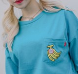 韩国代购16春原宿zipper刺绣字母香蕉胸前口袋蝙蝠袖五分袖T恤tee