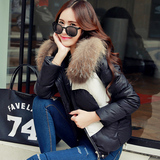 2015冬装女装新款韩版黑白拼接短款棉衣配真毛领
