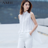 Amii极简女装2016夏季新款翻领无袖前短后中长款衬衫女士上衣衬衣