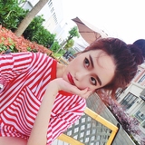AROOM韩版学生中长款圆领纯棉红色方块条纹宽松短袖t恤女夏包邮