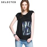 畅销SELECTED思莱德粘纤艺术感印圆领女士无袖T恤C|416101009