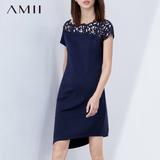 Amii蕾丝连衣裙2016夏季新款拼接黑色短袖中裙艾米大码女装裙子