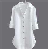 韩国品牌春夏女装长袖白衬衫中长款宽松大码上衣欧美纯棉显瘦衬衣