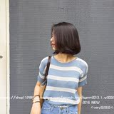 2016学院风休闲条纹针织衫女 短袖学生女装夏季毛衫韩版套头线衫