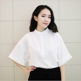 2016夏新款女韩版大码宽松上衣立领蝙蝠中袖白衬衫短袖阔袖衬衣女