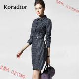 Koradior/珂莱蒂尔正品代购2016新款长袖修身包臀条纹连衣裙