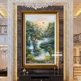 新中式客厅纯手绘山水风景墙壁装饰油画挂画竖版单幅玄关画聚宝盆