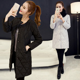 棉衣女2015冬季新款女装韩版无领中长款直筒加厚修身轻薄棉服外套