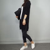 韩国代购2015秋装新款针织开衫女中长款纯色宽松V领口袋毛衣外套