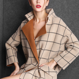 2016女装秋冬双面绒中长款高端欧美手工羊毛大衣格子羊绒呢外套女