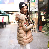冬装新品女韩国修身加厚棉衣中长款连帽毛领印花大码羽绒棉外套潮