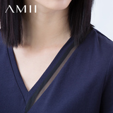 Amii短袖t恤女 宽松韩范夏季2016新纯色 v领个性百搭显瘦简约休闲