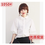2015韩国泡泡袖职业工装白衬衫女夏中袖灯笼袖短袖复古半袖棉衬衣