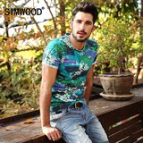 Simwood2016夏装男士新款圆领修身短袖T恤潮印花休闲男式短T恤