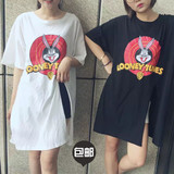 短袖T恤女夏季韩国宽松学生连衣裙可爱兔八哥侧开叉中长款上衣潮