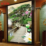 中式山水风景玄关3D立体墙纸 过道走廊竖版玄关壁纸大型壁画无缝