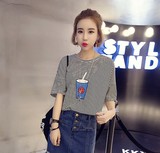 2016春夏新款中袖T恤韩版女装针织打底宽松短袖条纹体恤衫七分袖