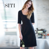Siti Selected一步裙简约修身包臀低圆领针织五分袖黑色连衣裙夏