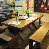 实木餐桌椅组合6人 美式复古做旧长方形饭桌咖啡厅小户型原木长桌