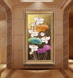 东南亚手绘油画玄关泰式装饰客厅金箔挂画中式走廊墙画过道竖油画