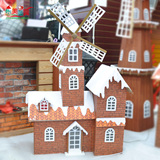 圣诞装饰品 圣诞屋木质雪房子带风车带灯房子酒店场景布置品