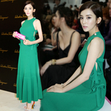 16米兰时尚周古力娜扎明星同款韩版修身高挑长款绿色连衣裙女潮