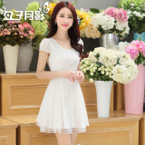 夕子月影2016夏季新款韩版修身纯色短袖中长款蕾丝女雪纺连衣裙仙