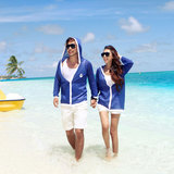 韩国代购情侣装夏装度假沙滩蓝色连帽防晒衫防晒衣空调衫开衫外套