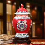 批发景德镇陶瓷花瓶 现代中式珐琅彩中国红小将军罐工艺花瓶摆件