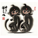 近代国画 字画 装饰画 现代简约客厅动物画 韩美林作品 双猴34-38