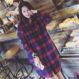 新款春季韩版中长款BF英伦格子百搭长袖衬衫修身女士衬衣女装H796