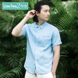 小码亚麻短袖衬衫男方领纯色半袖棉麻料韩版修身潮蓝色衬衣白衬衫